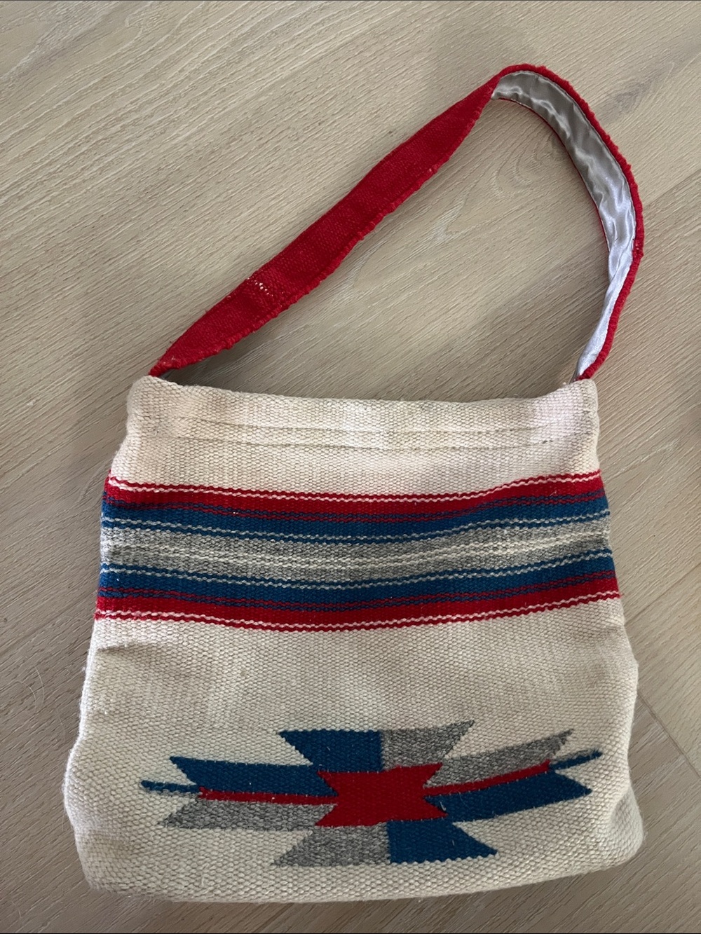 Handwoven Cream and Red Geometric Shoulder Bag by Ortega’s
